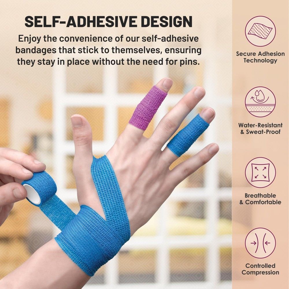 Bandage cohésif auto-adhésif pour compression et soutien | Rouleau sans latex, respirant, antidérapant et facile à déchirer.